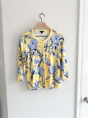 Talbots Charming Yellow & Blue Chinoiserie Cardigan Toile M